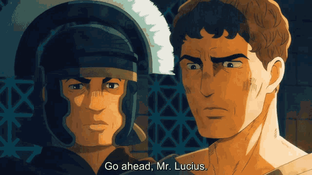 a man in a helmet stands next to another man and says " go ahead mr. lucius "