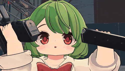 a cartoon girl with green hair and red eyes holds a gun