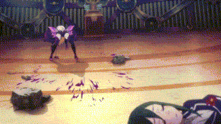 a woman in a purple dress is standing on a wooden floor with purple spots on it