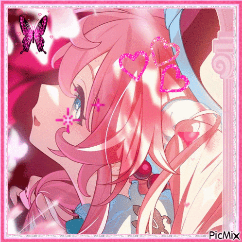 a picture of a girl with pink hair and hearts in her hair with a pink butterfly in the background