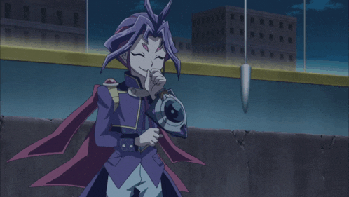 a cartoon character with purple hair holds a camera