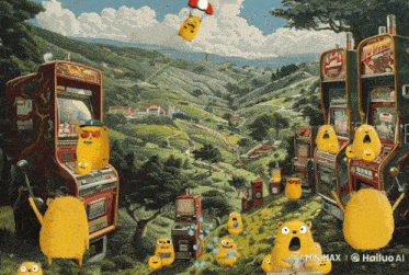 a painting of a valley with arcade machines and a sign that says jumpman