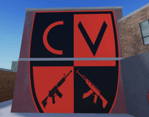 a red and black shield with the letter cv and two guns