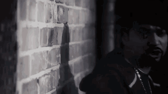 a man is standing next to a brick wall .
