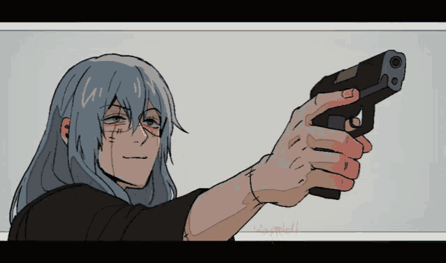 a drawing of a person holding a gun with a red light coming out of the barrel