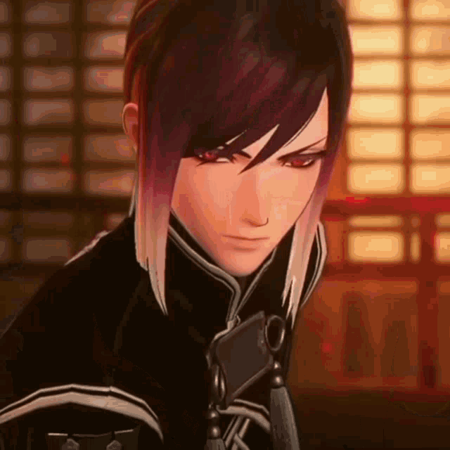 a close up of a cartoon character with purple hair