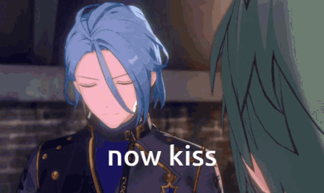 a cartoon character with blue hair and the words now kiss below him