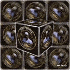 a cube with a picture of a man on it is surrounded by coins