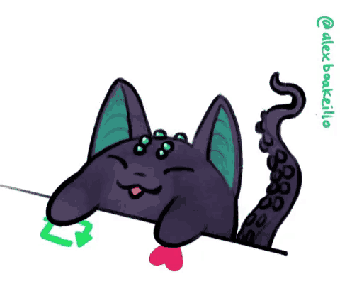 a drawing of a cat with a heart in its mouth and a green arrow pointing to the right