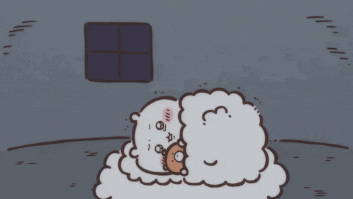 a cartoon drawing of a sheep sleeping in a room