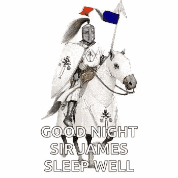 a knight is riding on the back of a white horse with a shield and a flag .