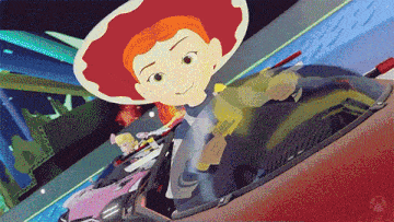 jessie from toy story is driving a car and holding a gun