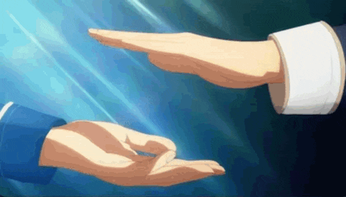 a couple of hands are reaching out towards each other in a blue background .