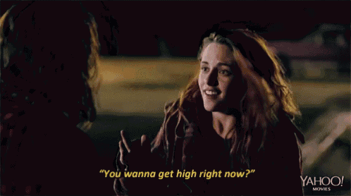 two women are talking to each other and one of them is saying " you wanna get high right now ? "