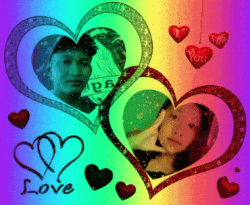 a picture of a man and a woman surrounded by hearts with the word love written in the middle