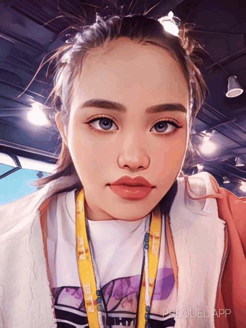 a woman wearing a lanyard that says prequel app around her neck