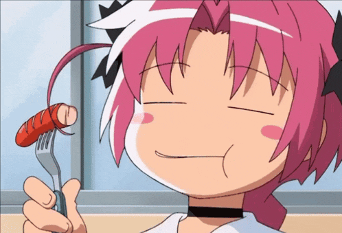 a girl with pink hair is holding a fork and a sausage