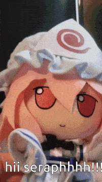 a stuffed doll with pink hair and red eyes says hii seraphhhh !!!
