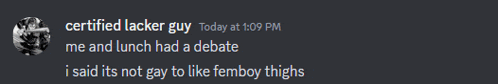 a screenshot of a conversation between certified lacker guy and me and lunch