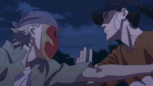a couple of anime characters are standing next to each other in front of a street light .