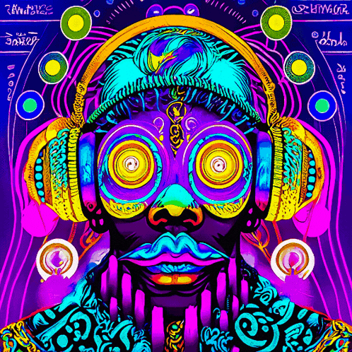 a colorful drawing of a man wearing headphones and a hat with the word zen on it