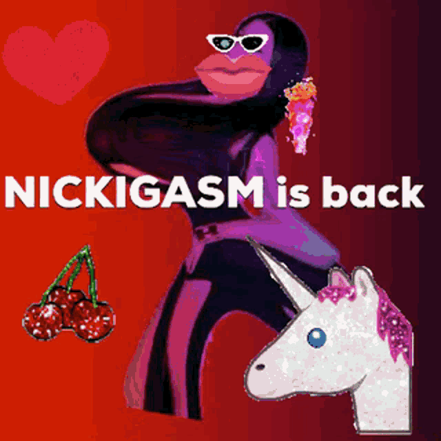 a cartoon of a monkey riding a unicorn with the words " nickigasm is back "