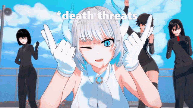 a group of anime girls with the words death threats on the bottom