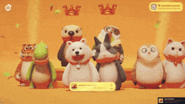a group of stuffed animals are standing on a stage and one of them has the word lord of britain on it