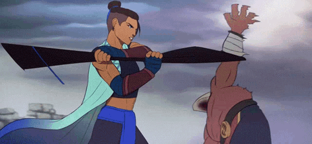 a cartoon of a woman holding a sword fighting another man