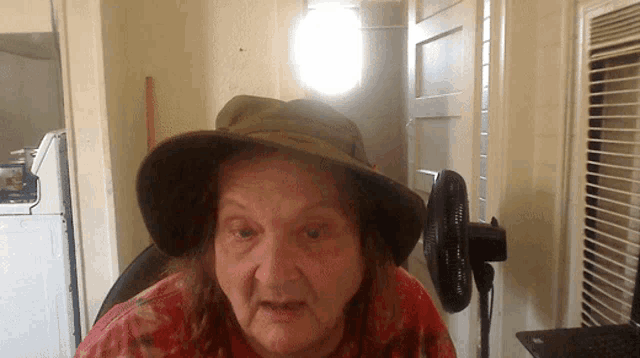 a woman wearing a hat and a red shirt looks at the camera