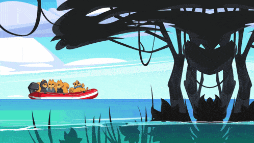 a cartoon drawing of a group of cats in a boat in the ocean