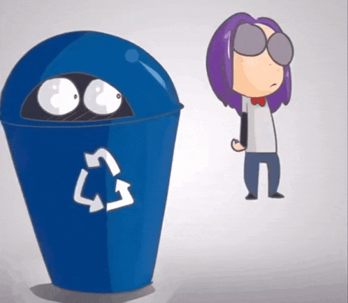 a cartoon character with purple hair stands next to a blue trash can with a recycling symbol on it