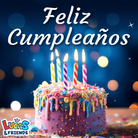 a birthday cake with candles and sprinkles and the words lucas & friends