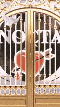 a gold gate with a heart and the word no on it