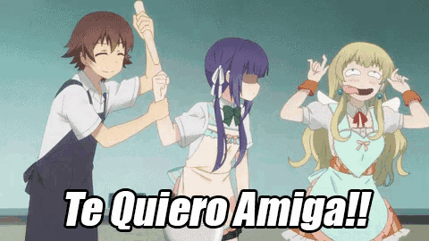 a group of anime characters with te quiero amiga written on the bottom right