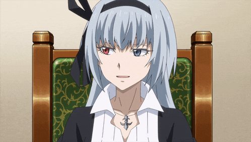 a girl with blue hair and red eyes is sitting on a chair