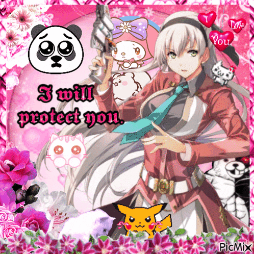 a picture of a girl holding a gun that says ' i will protect you '