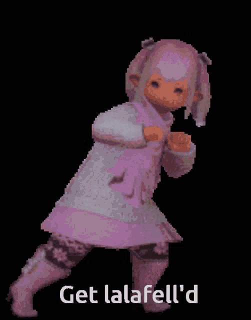 a pixel art of a girl in a pink dress with the words get lalafell 'd below her