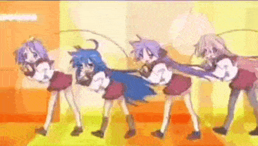 a group of anime girls are dancing in a row on a yellow and orange background .