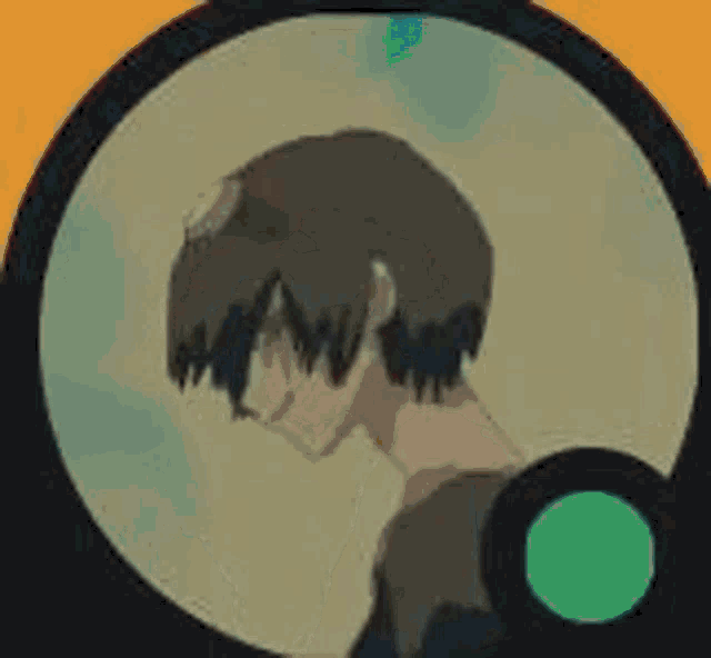 a close up of a person 's head with a green circle around it .