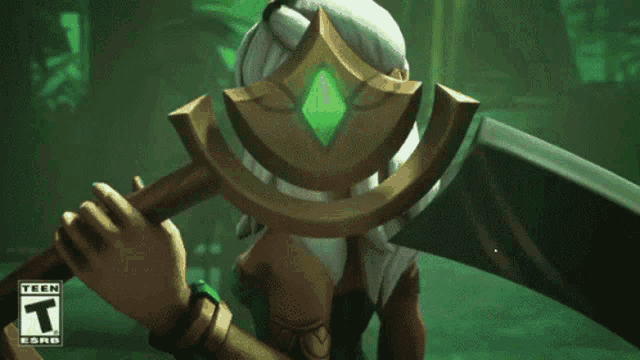 a video game character with a face on her head