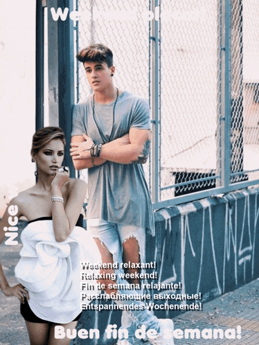 a man and a woman are standing next to each other with the words weekend relaxant relaxing weekend fin de semana relajante