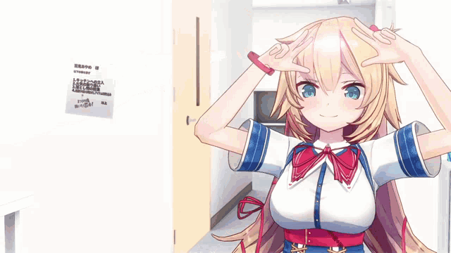 a girl with blonde hair and blue eyes is making a peace sign with her hands