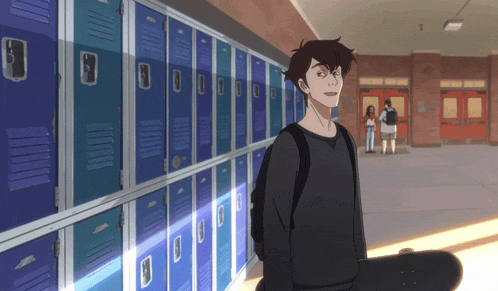 a boy with a skateboard stands in front of a row of blue lockers