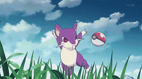 a purple and white pokemon is standing in the grass holding a pokeball .