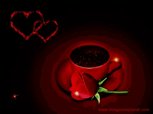 a cup of coffee next to a red rose and two hearts with the website www.imagenesplanet.com at the bottom