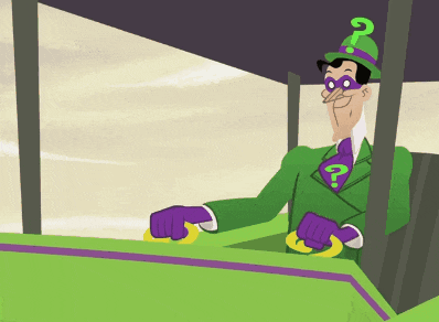 a cartoon of a man in a green suit and purple gloves with a question mark on his hat