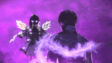 a man is standing in front of a purple ghost with wings
