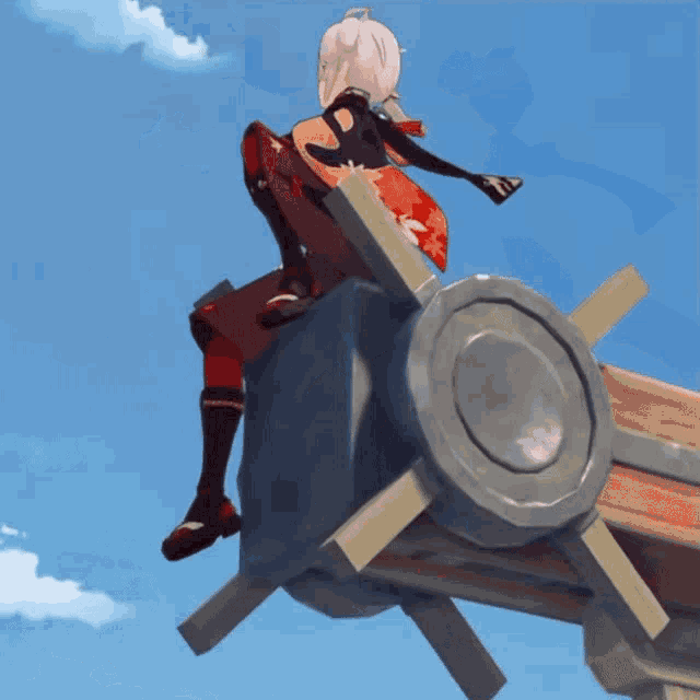 a cartoon character is sitting on top of a large object with a blue sky in the background