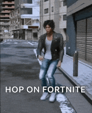 a man in a leather jacket and jeans is dancing on a street in a video game .